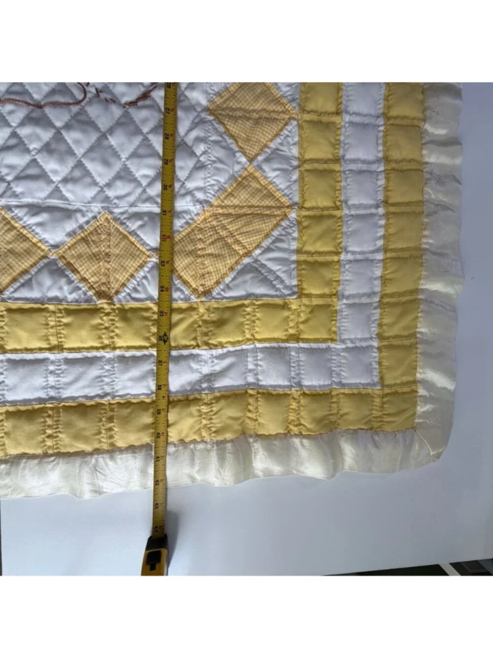 Vintage Handmade Baby Quilt Embroidered Cat Kitten Blanket Satin Yellow White